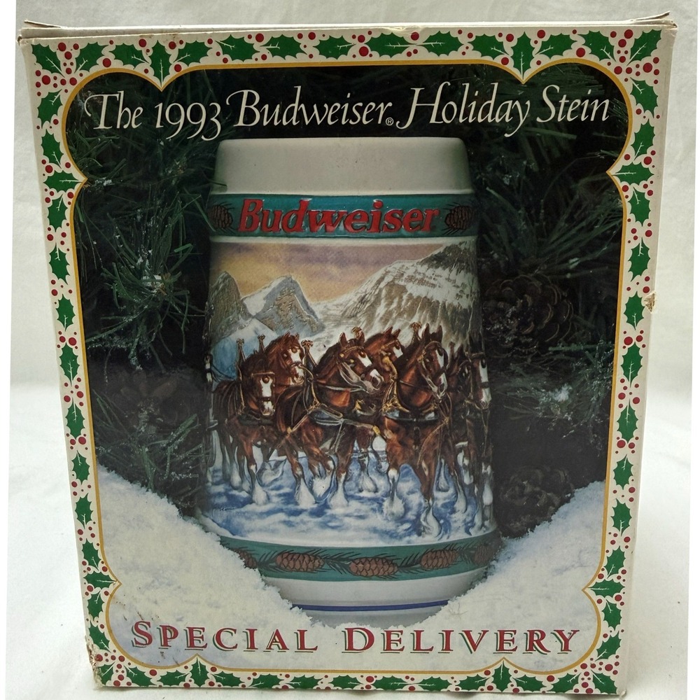 Vintage‎ 1993 Budweiser Holiday Beer Stein Special Delivery With Box & COA